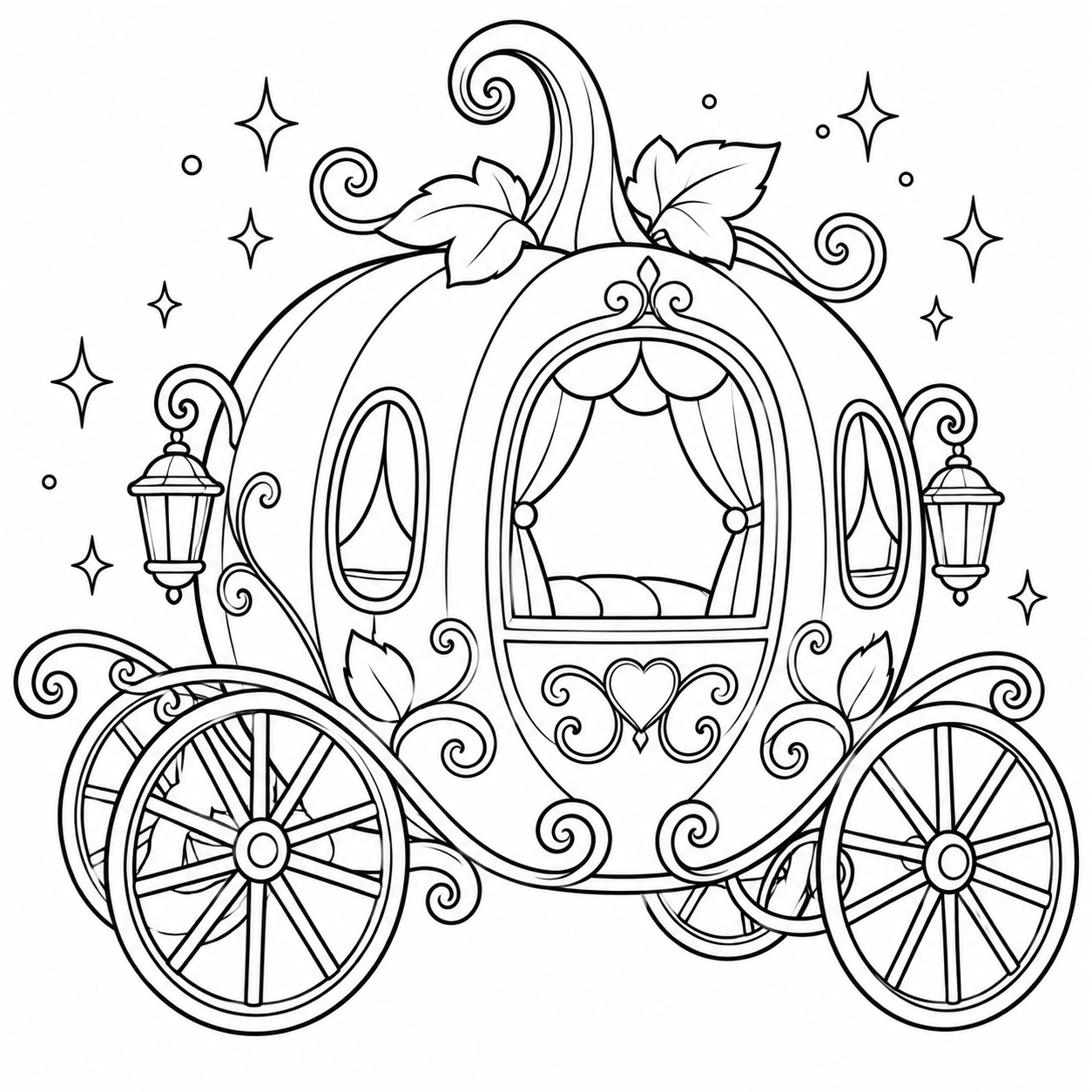 The Magic Pumpkin Carriage coloring page shaped like a pumpkin with decorative swirls and wheels